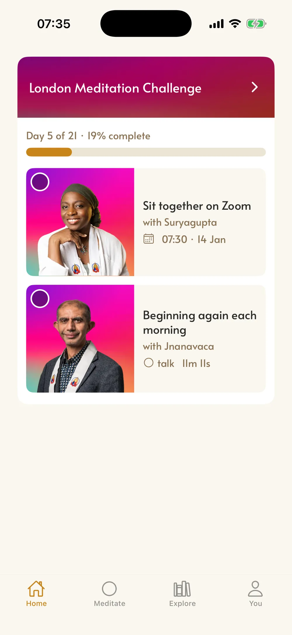 The BuddhaMind app's home screen on Thursday 14 January, showing the London Meditation Challenge on day 5 of 21: the 7:30am sit on Zoom with Suryagupta, and a talk with Jnanavaca.